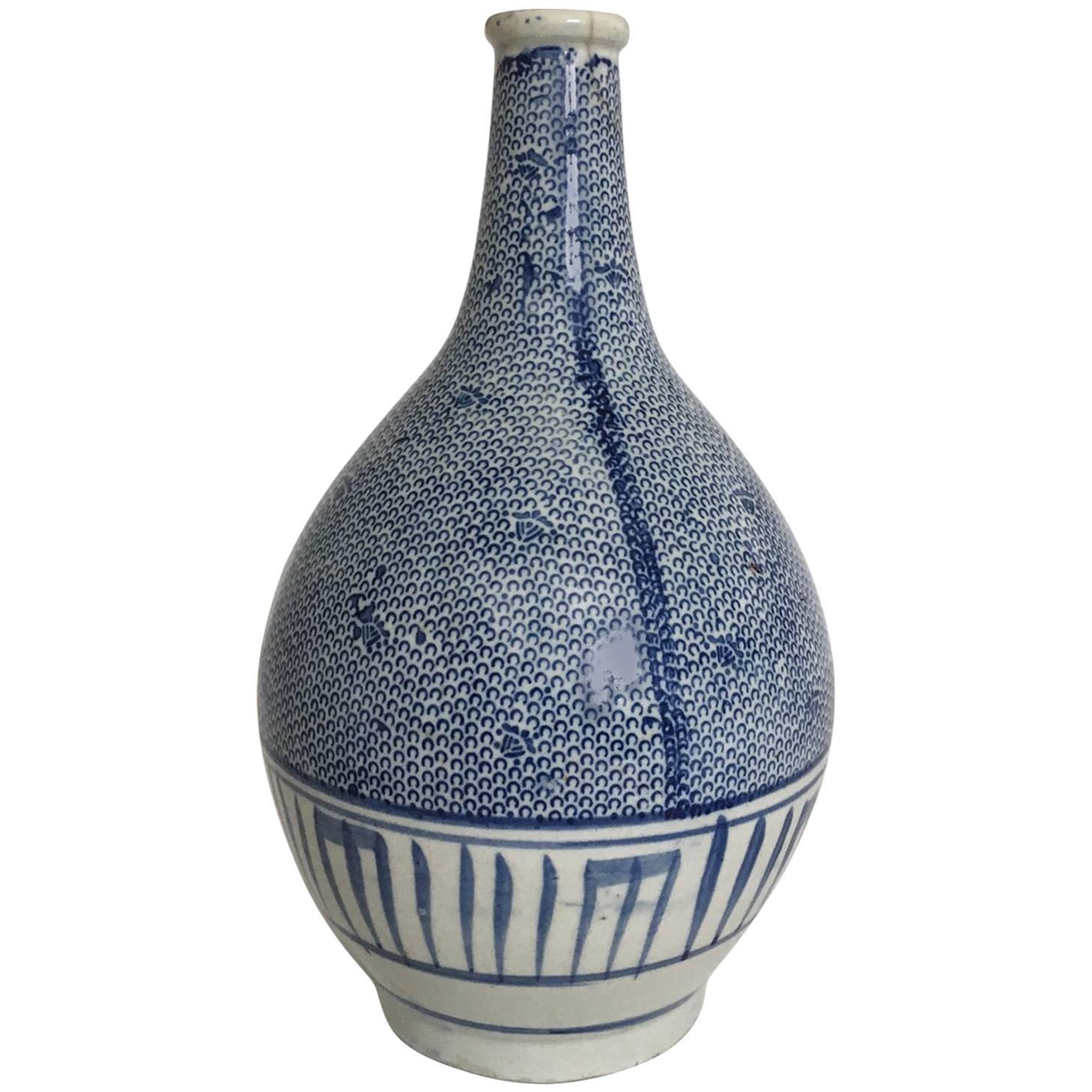 19th Century Antique Cobalt Blue and White Japanese Sake Bottle