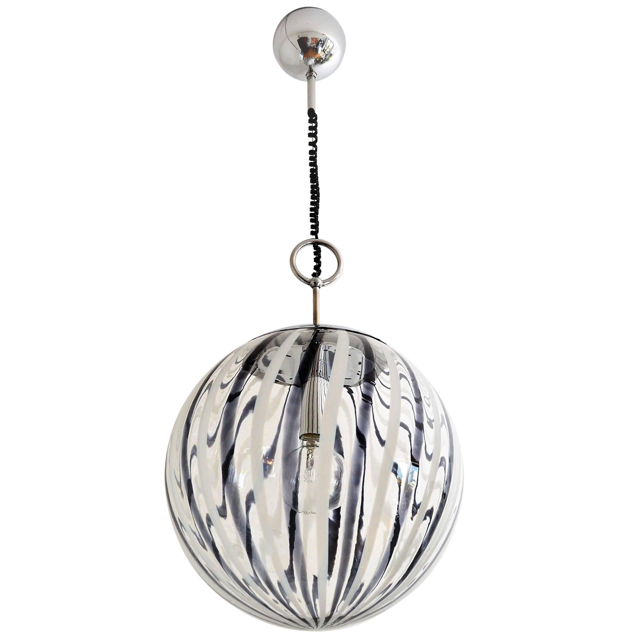 Murano Black and White Glass Globe Pendant Light, 1970s