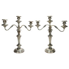 Pair of Antique English Sheffield Silver Plate Three-Light Candelabra