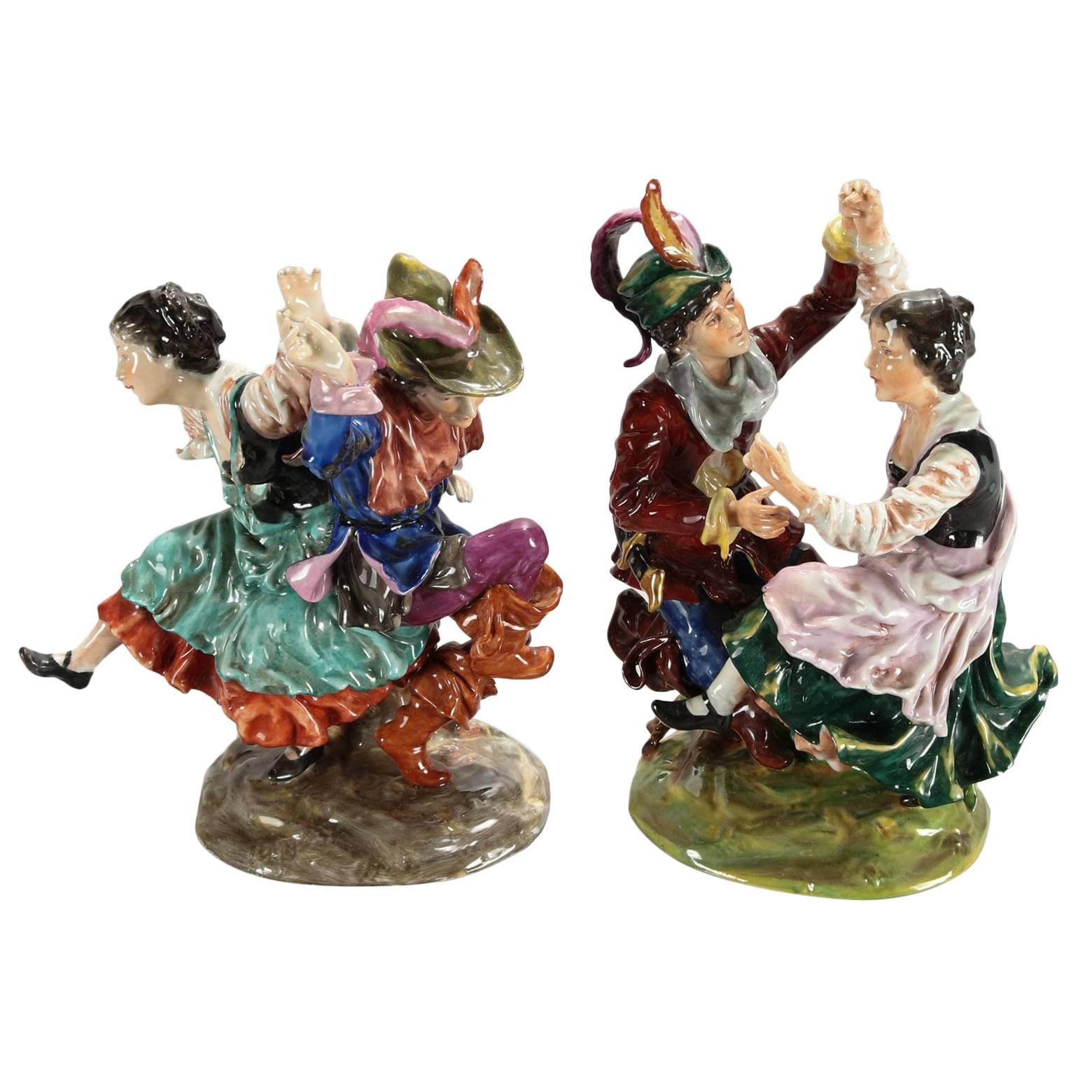 Set of Two Antique Hand-Painted Dresden Porcelain Old World Dancing Couples