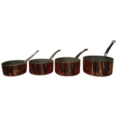 Used Set of Four Graduated Sized Polished Copper Sauce Pans, circa 1830