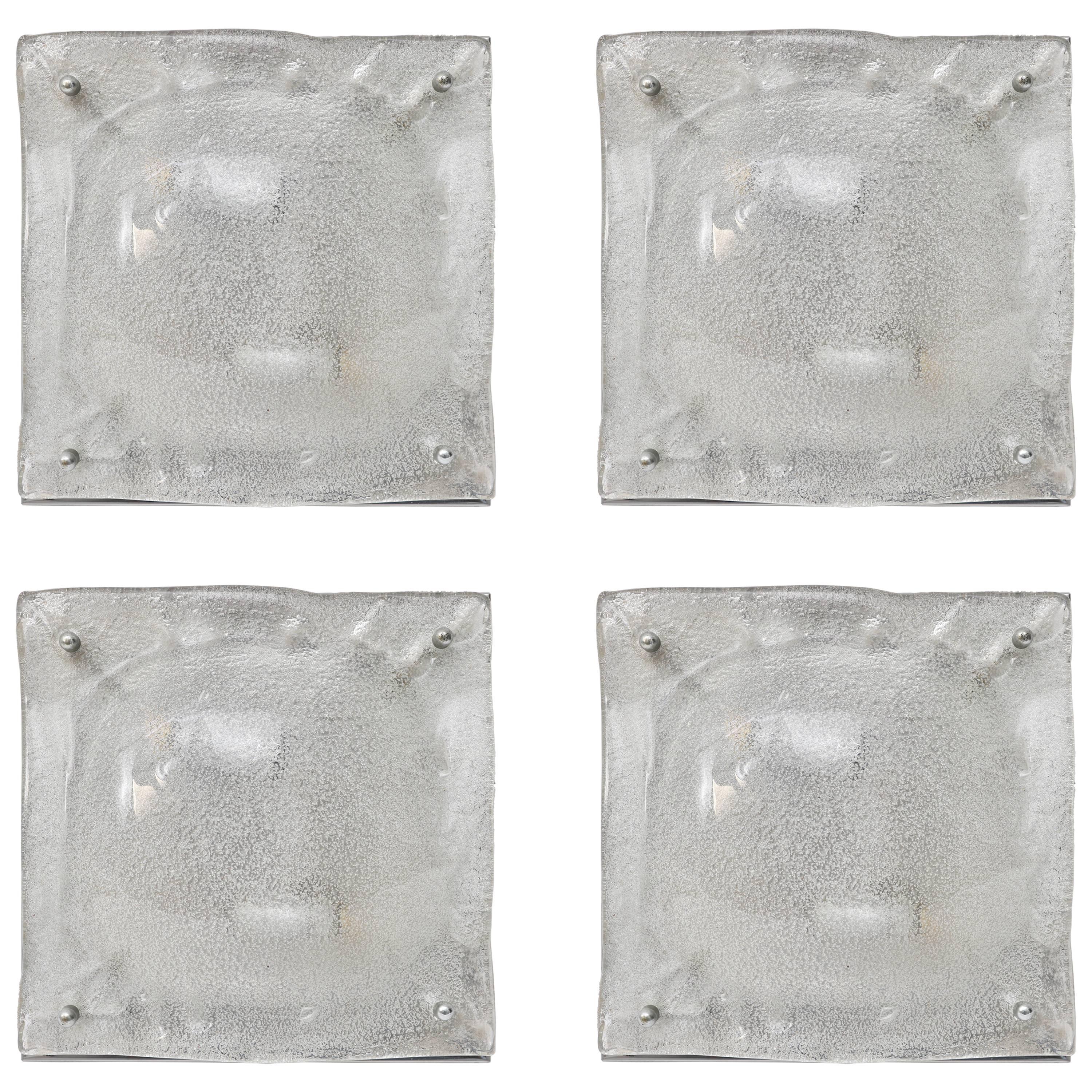 Set of Four Murano Glass and Polished Chrome Square Wall Sconces