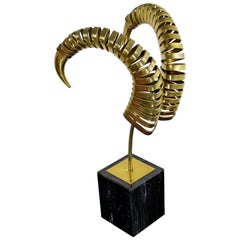 Mid-Century Modern Jere Brass Ram's Horns Sculpture Marble Signed Dated, 1983 3