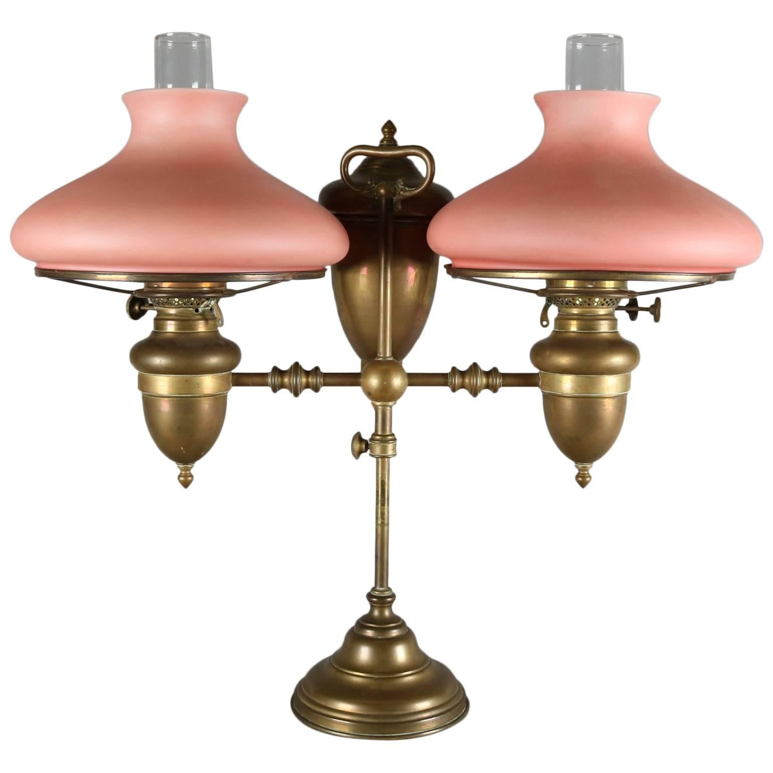 Antique Brass Adjustable Duplex Double Student Lamp with Satin Glass Shades
