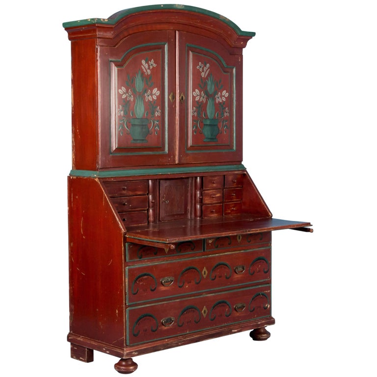 Antique 19th Century Swedish Secretary Bureau Desk With Original Red Antique 19th Century Swedish Secretary Bureau Desk With Original Red Paint For