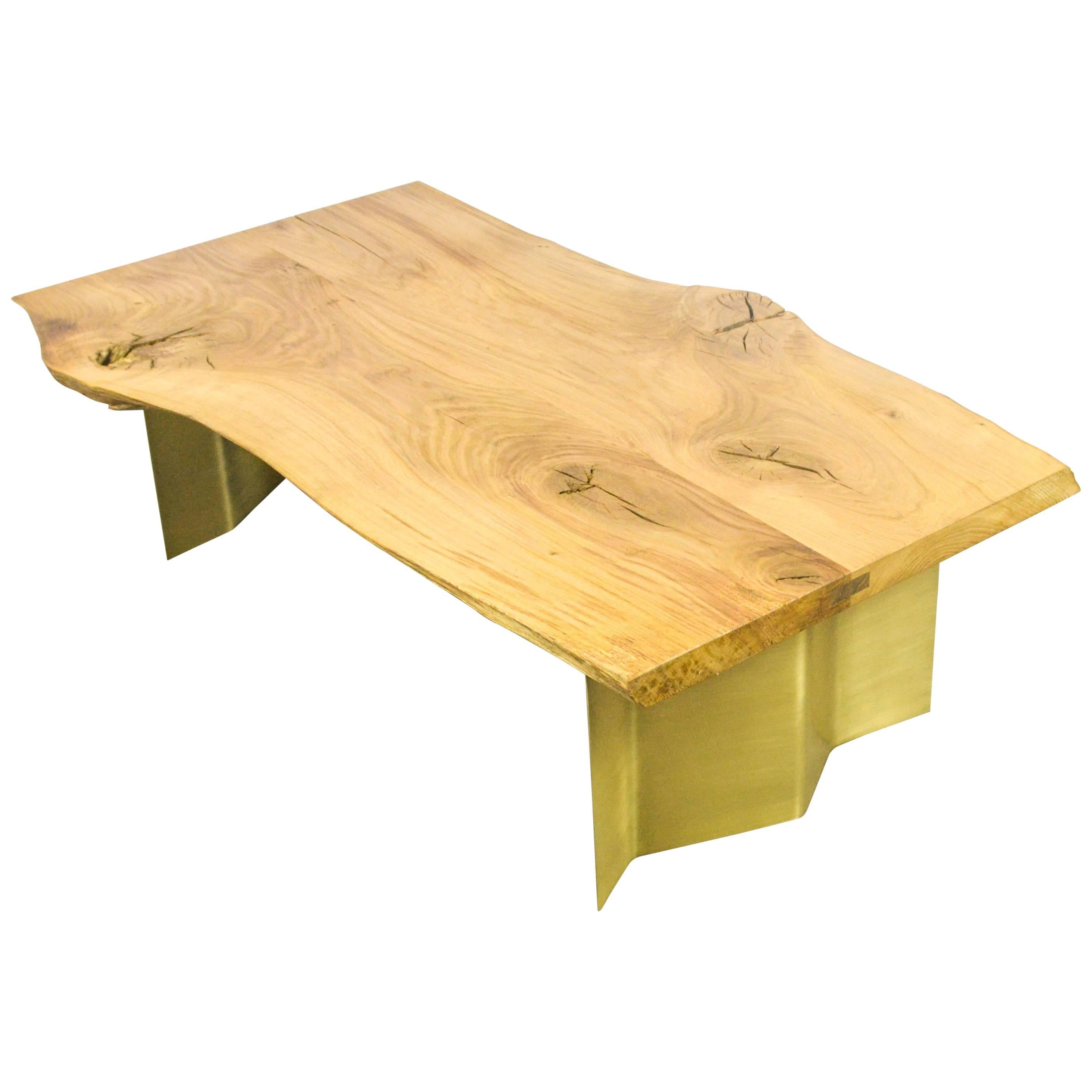 Natural Live Edge Oak Coffee Table on Brass or Black Hand Bent Steel Wave Legs For Sale