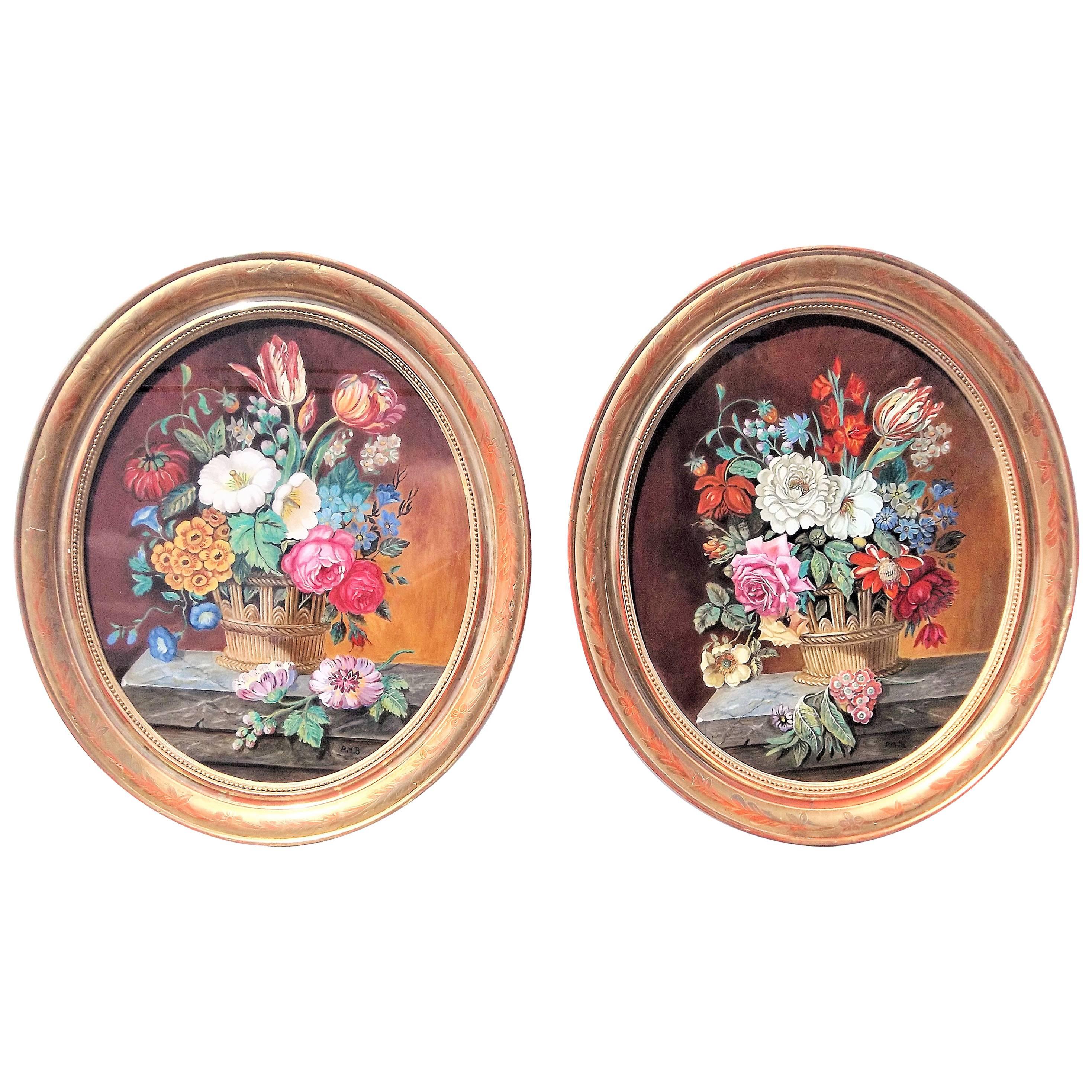 Pair of Églomisé  Paintings in Floral Engraved Giltwood Frames
