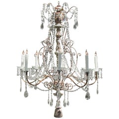 Antique 19th Century Italian Baroque Silver Leaf and Crystal Chandelier with Tassel