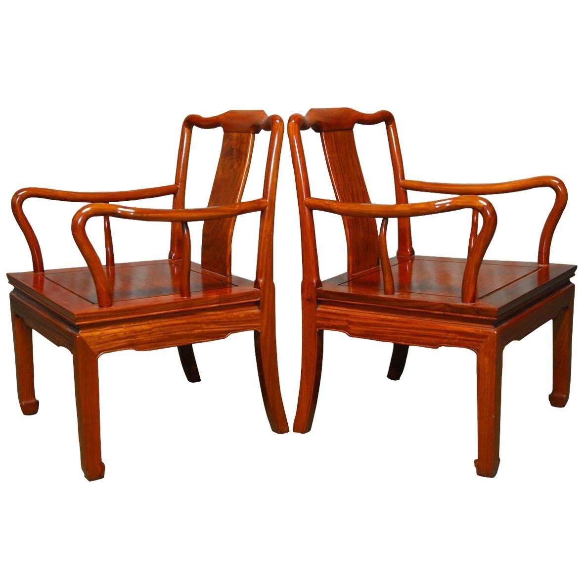 Pair of Chinese Rosewood Qing Style Armchairs For Sale