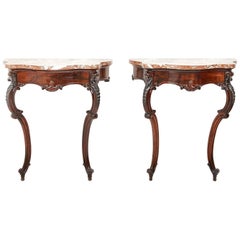 Pair of Antique French Solid Rosewood Hand-Carved Marble-Top Consoles circa 1860