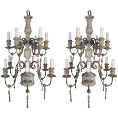 Pair of Twelve-Light Wood and Iron Painted Chandeliers