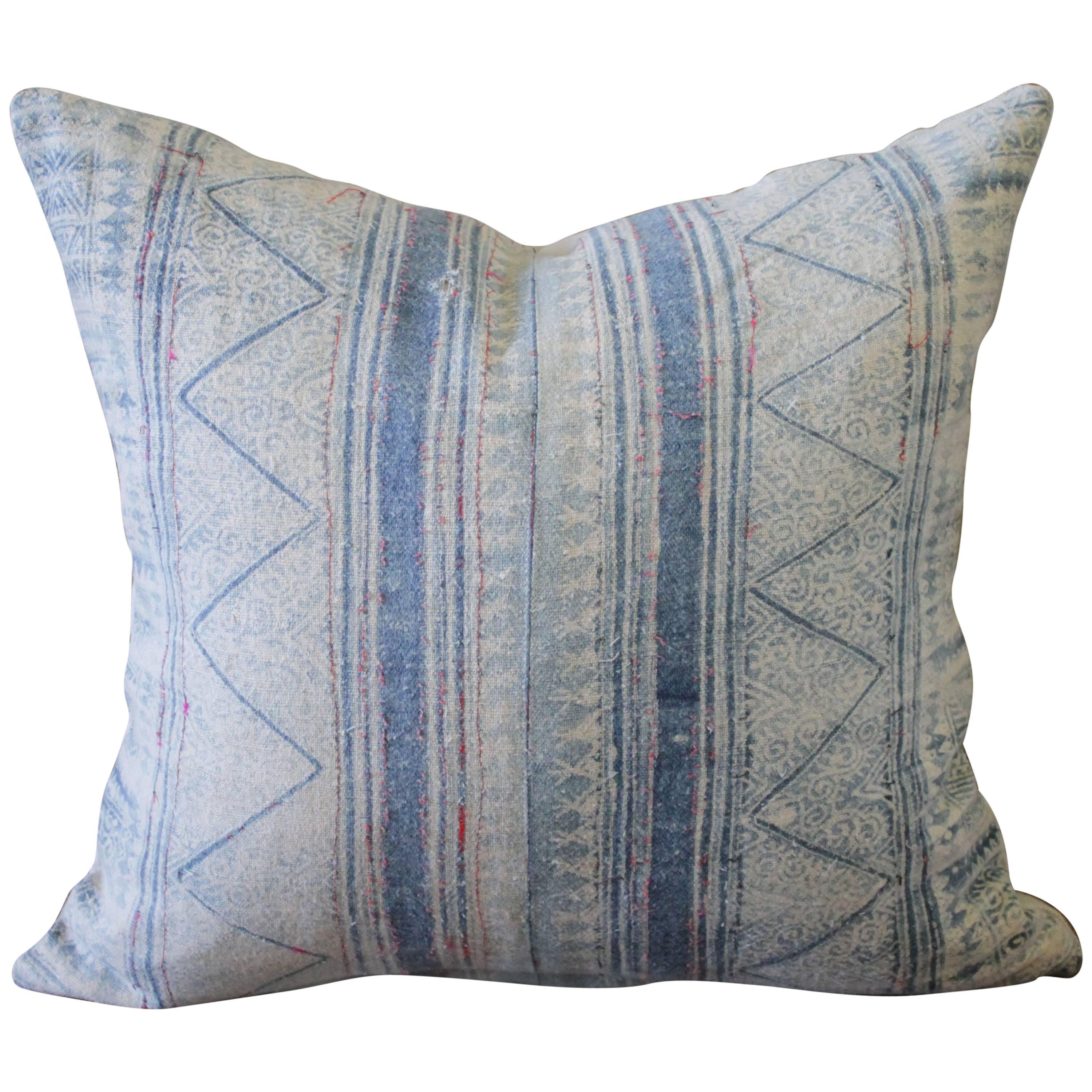 Vintage Blue Batik Accent Pillow with Pink Threads