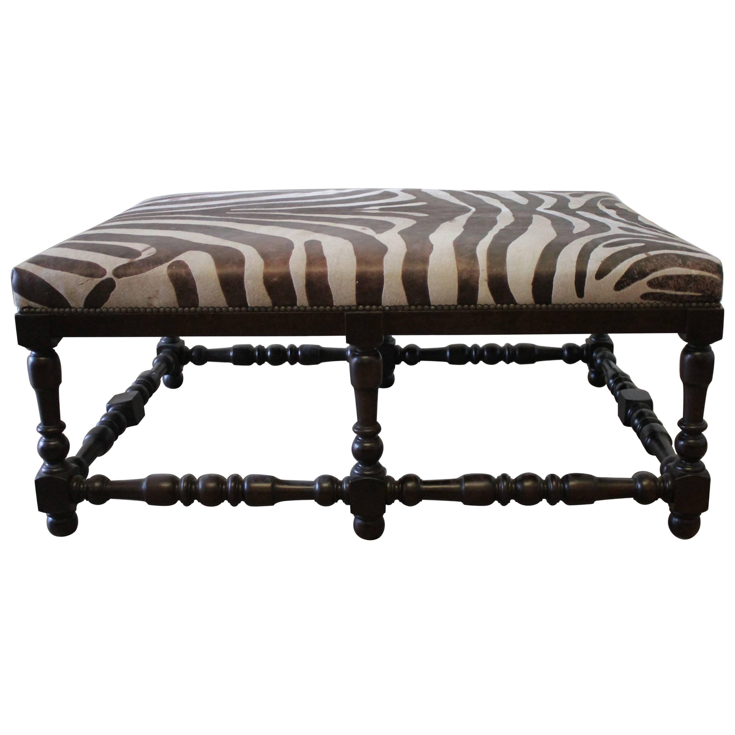 Custom Zebra Print Upholstered Hide Cocktail Ottoman