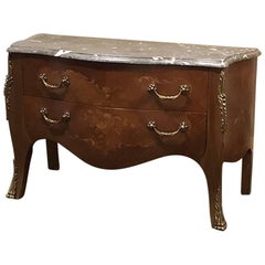 19th Century French Marquetry Marble-Top Bombe Commode