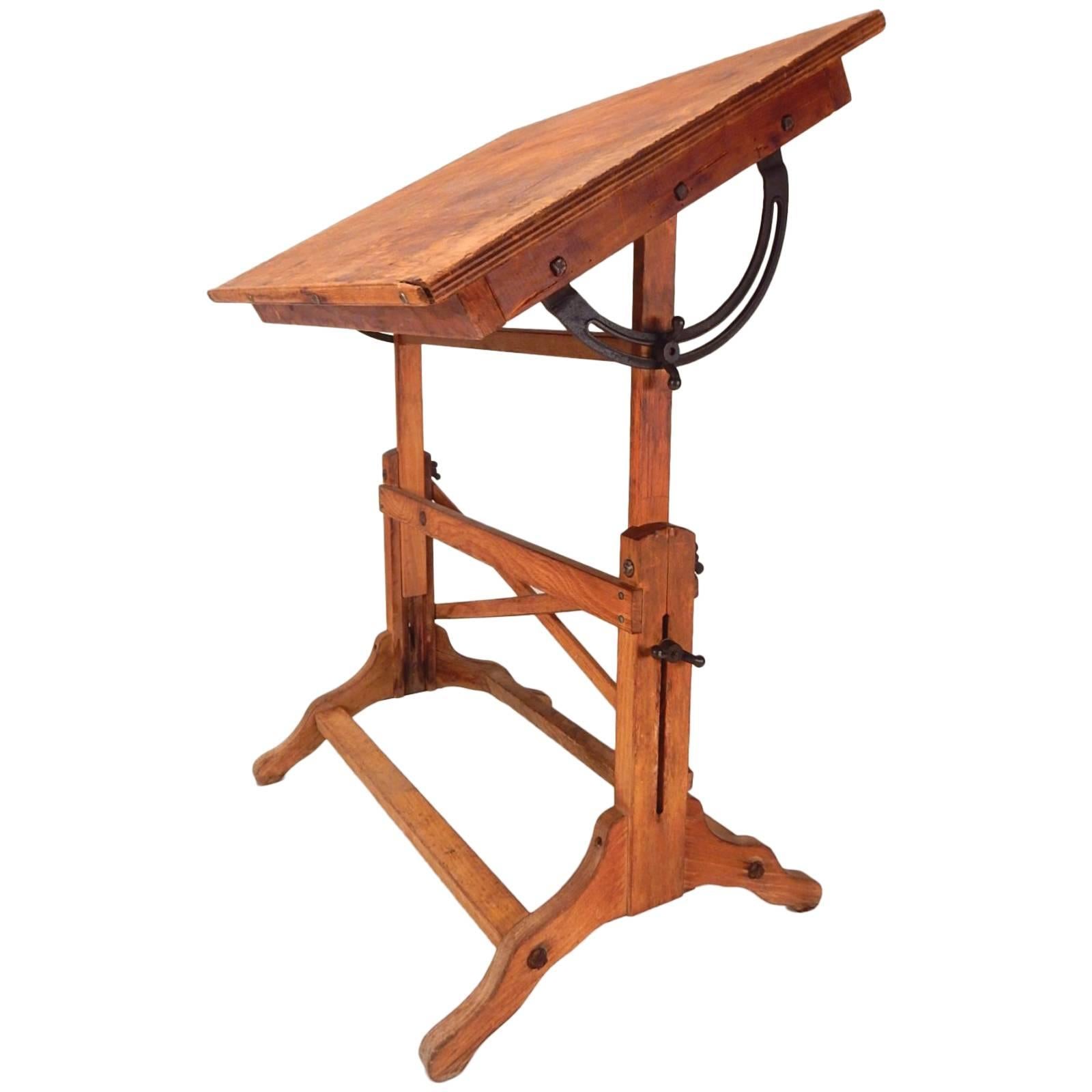 1930s Post Industrial Wood and Iron Drafting Table