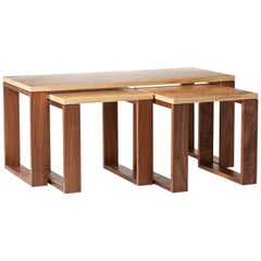 Modern Nest of Three Tables in Walnut and Highly Figured Burr Olive Ash