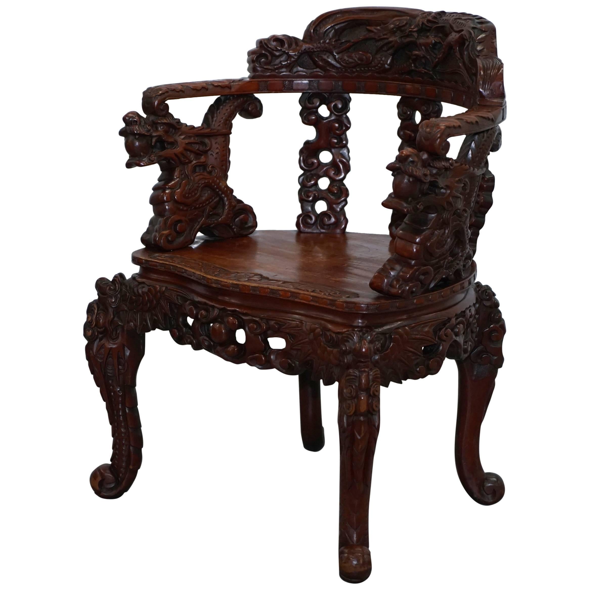 Chinese Quin Dynasty Carved Rosewood Dragon & Lion Foo Dog Armchair, circa 1870