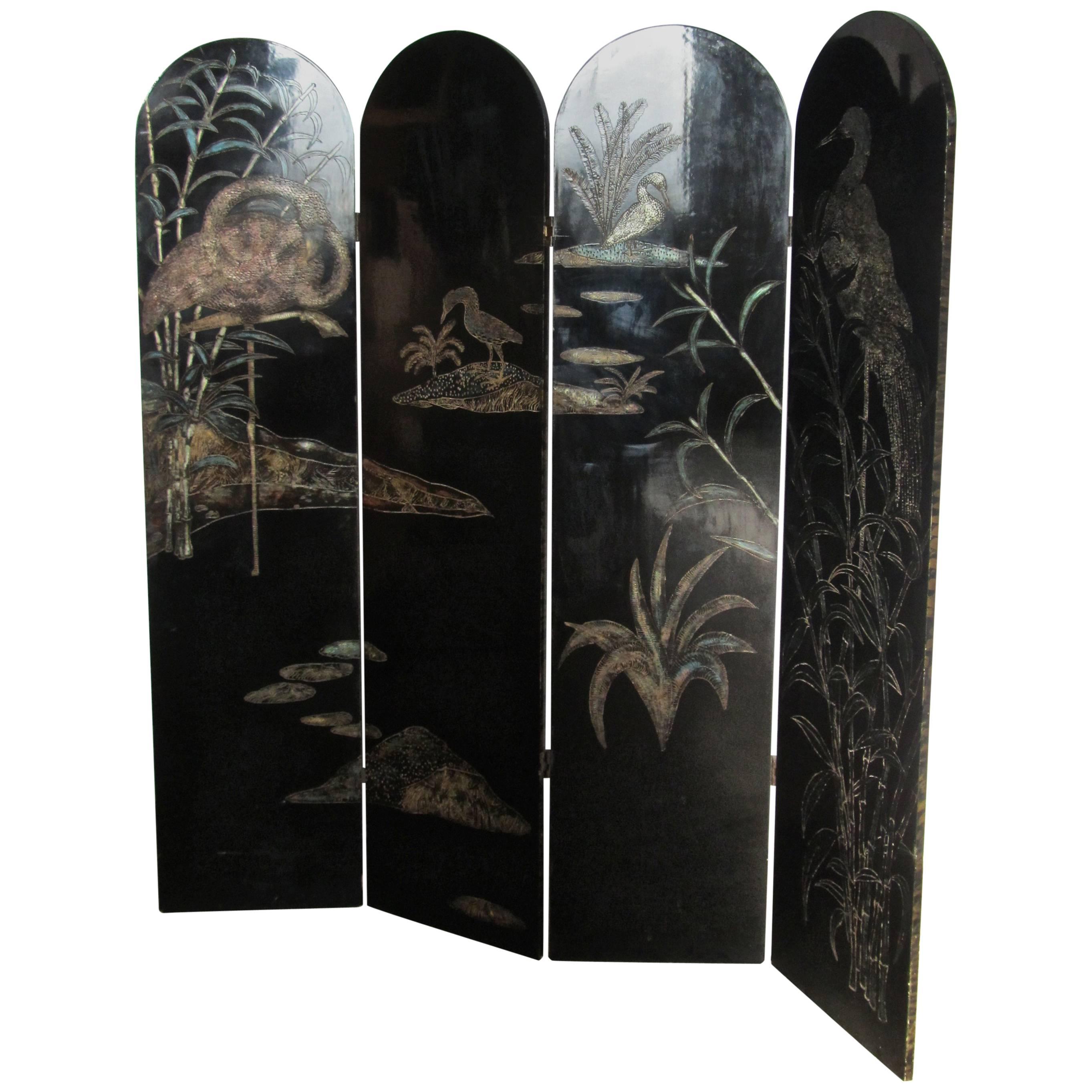 19th Century Black Lacquer Chinoiserie Four Fold Japanese Screen