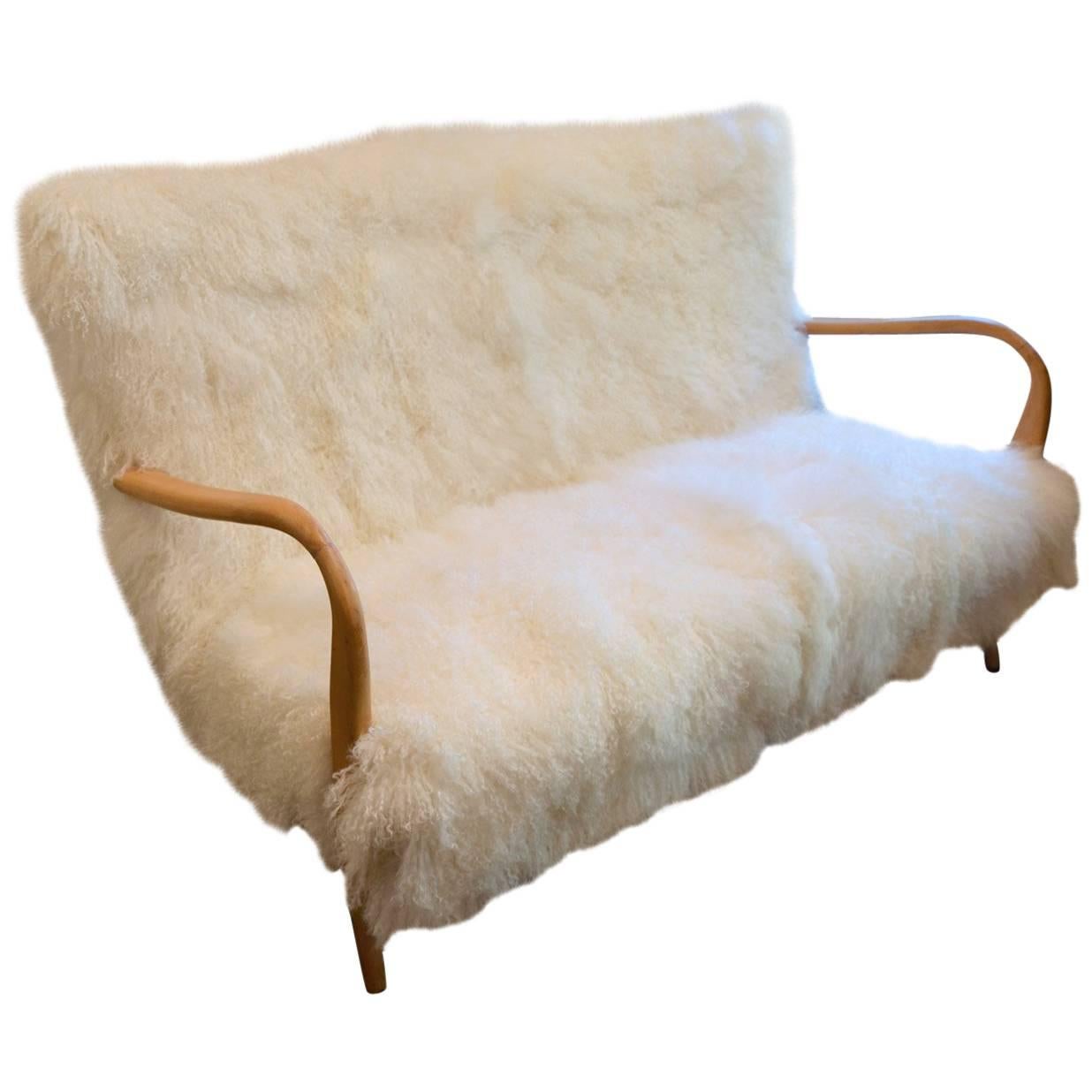 Beautiful Tibet Lamb Fur Reupholstered Italian Sofa, circa 1960 For Sale