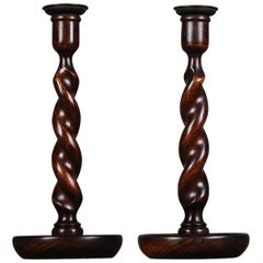 Pair of Antique English Oak Barley Twist Candlesticks