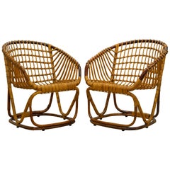 Pair of Vintage Mid-Century Rattan Bamboo Lounge Chairs Manner of Tito Agnoli