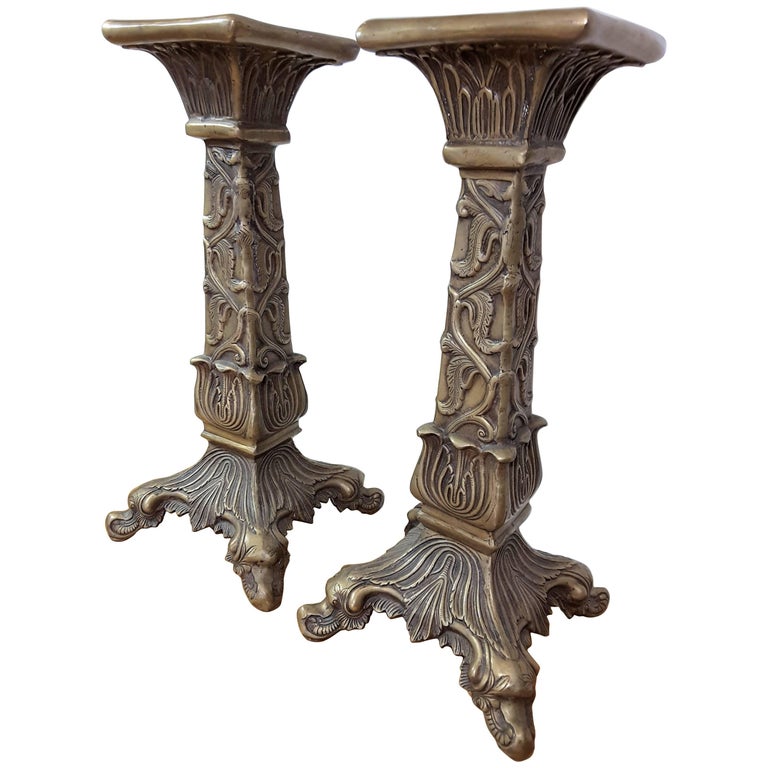 Pair of MidCentury Modern Solid Brass Patinated Pedestals For Sale at