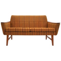 Norwegian Yellow Striped Wool and Teak Two-Seat Sofa, Midcentury, 1960s