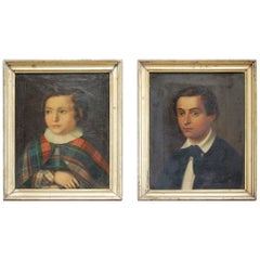 Pair of 19th Century English Naive Oil Portraits