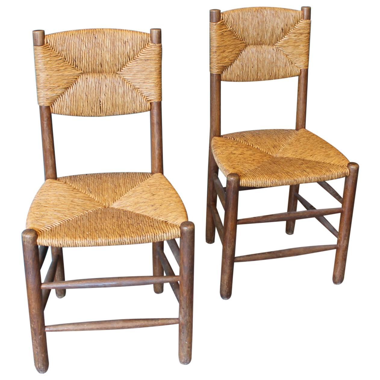 Charlotte Perriand Beautiful Pair of Woven Straw Chairs, circa 1950 For Sale