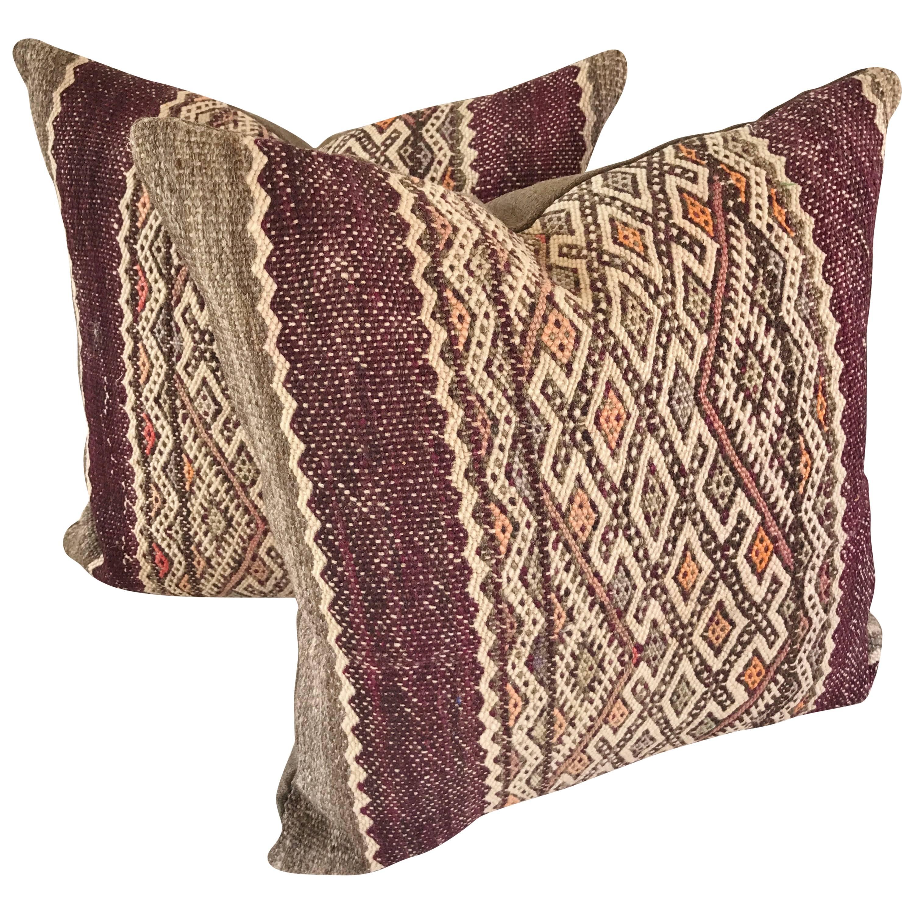 Custom Pair of Pillows Cut from a Vintage Hand-Loomed Wool Moroccan Berber Rug For Sale
