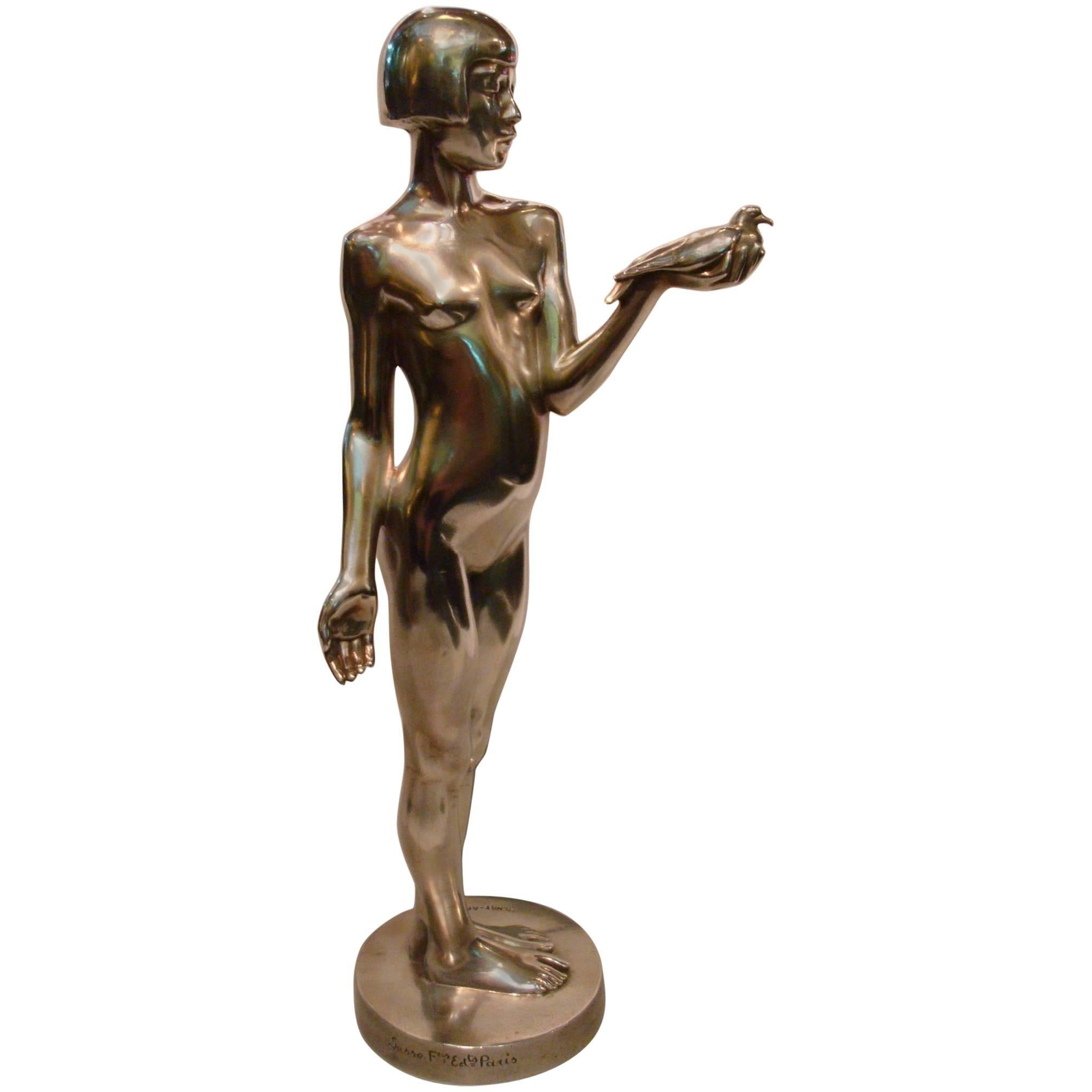 Art Deco Bronze Sculpture of Nude Girl with Dove by Henry Arnold, France, 1928