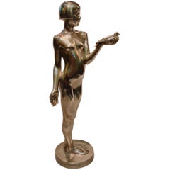 Sculpture Art Déco en bronze d'une jeune fille nue avec une colombe par Henry Arnold:: France:: 1928