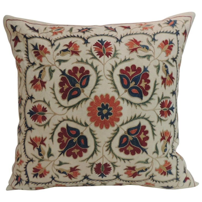 Vintage Floral Motif Suzani Silk on Silk Embroidered Decorative Square Pillow For Sale at 1stdibs