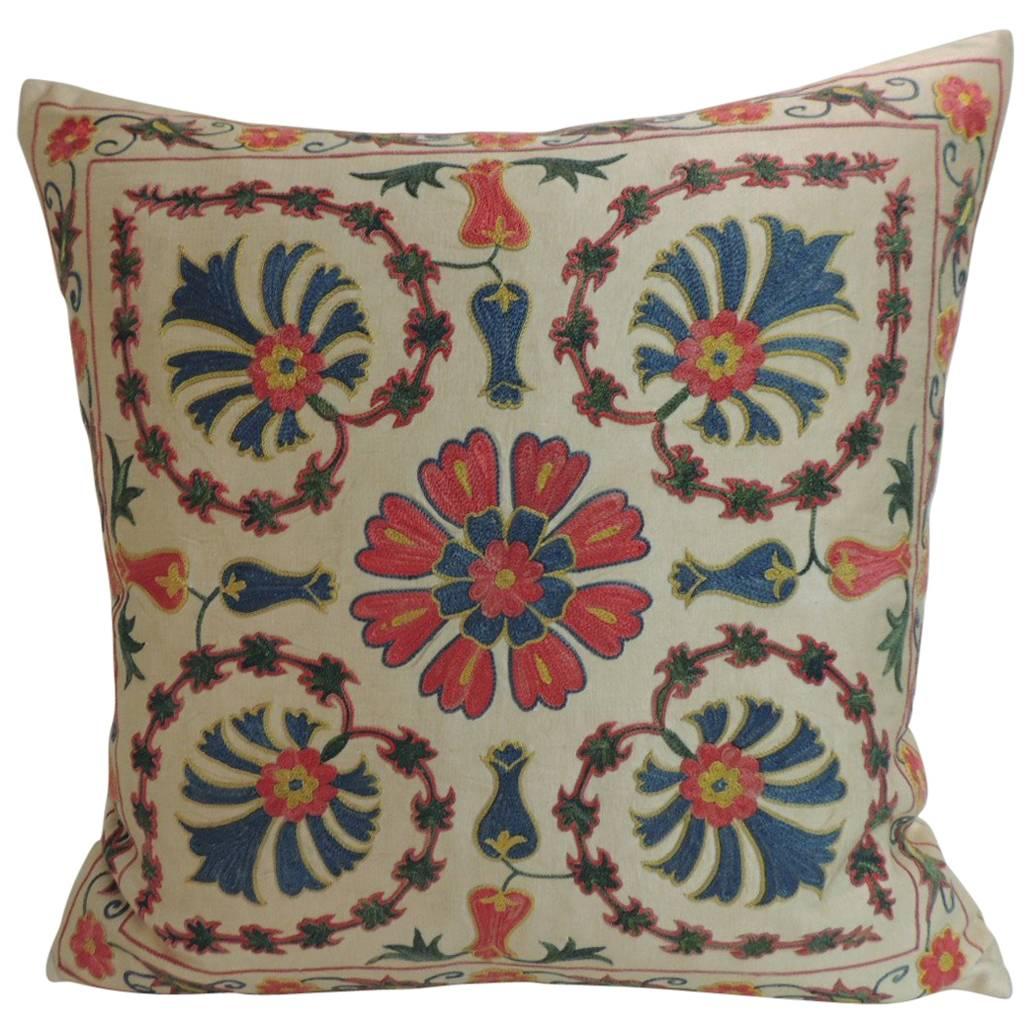 Vintage Floral Motif Suzani Silk on Silk Embroidered Decorative Square Pillow