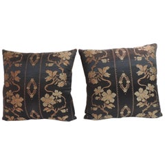Pair of 19th Century Embroidery Black Satin Decorative Pillows 9