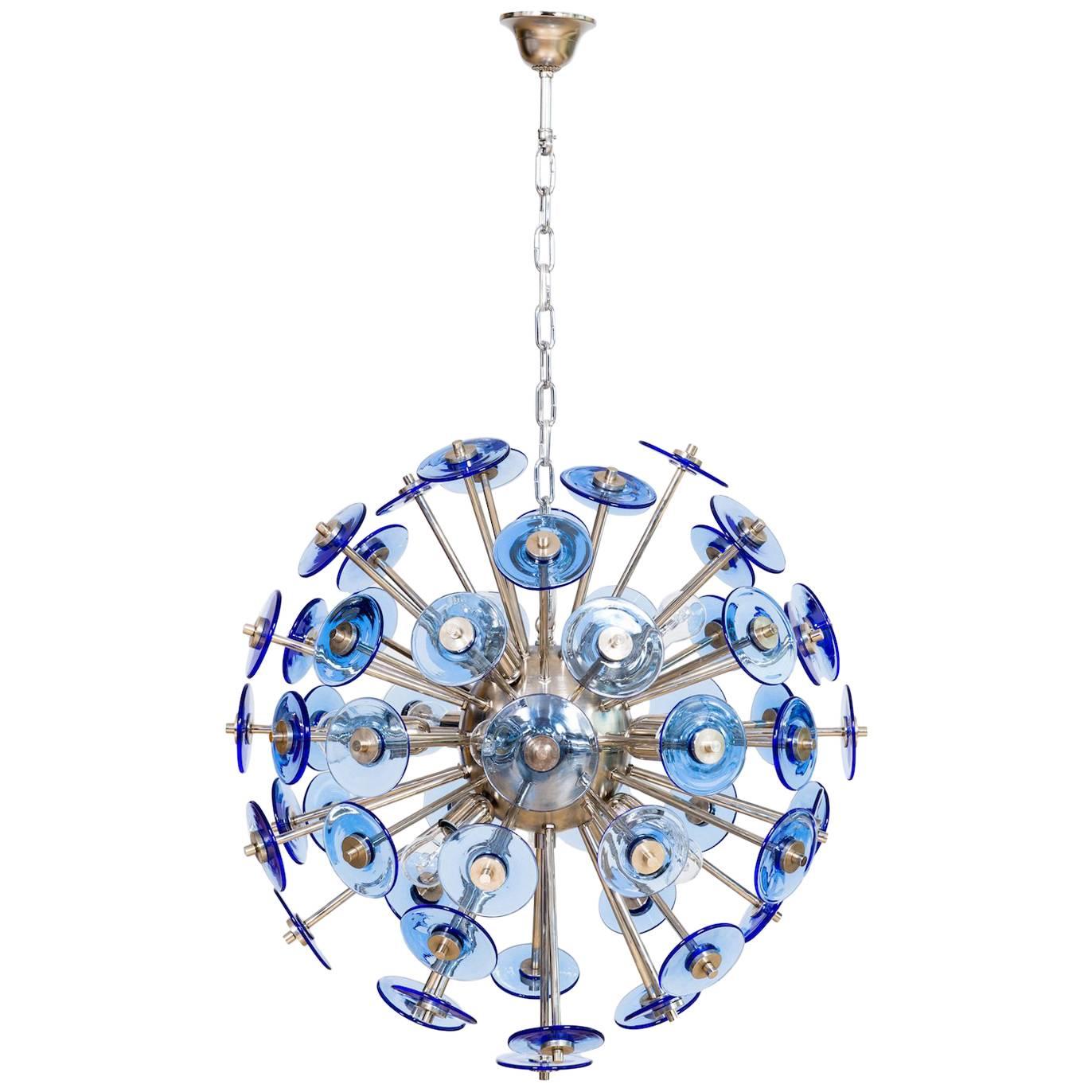 Italian Venetian, Flush Mount, blown Murano Glass, Blue & Chromed, Mazzega 1980s