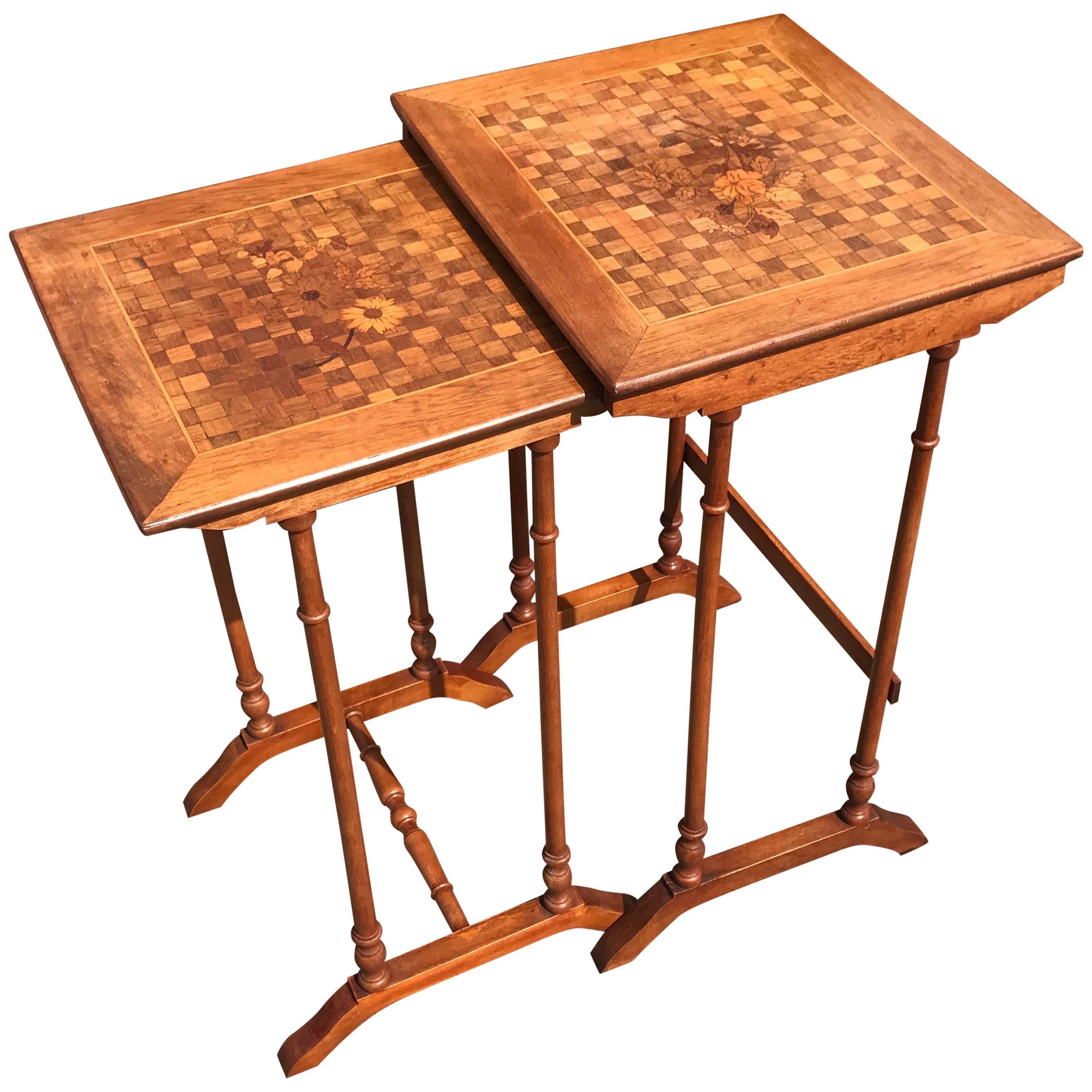 Art Nouveau Era Nest of Marquetry Tables with Inlaid Flowers in Gallé Style
