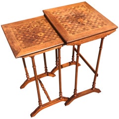 Antique Art Nouveau Era Nest of Marquetry Tables with Inlaid Flowers in Gallé Style