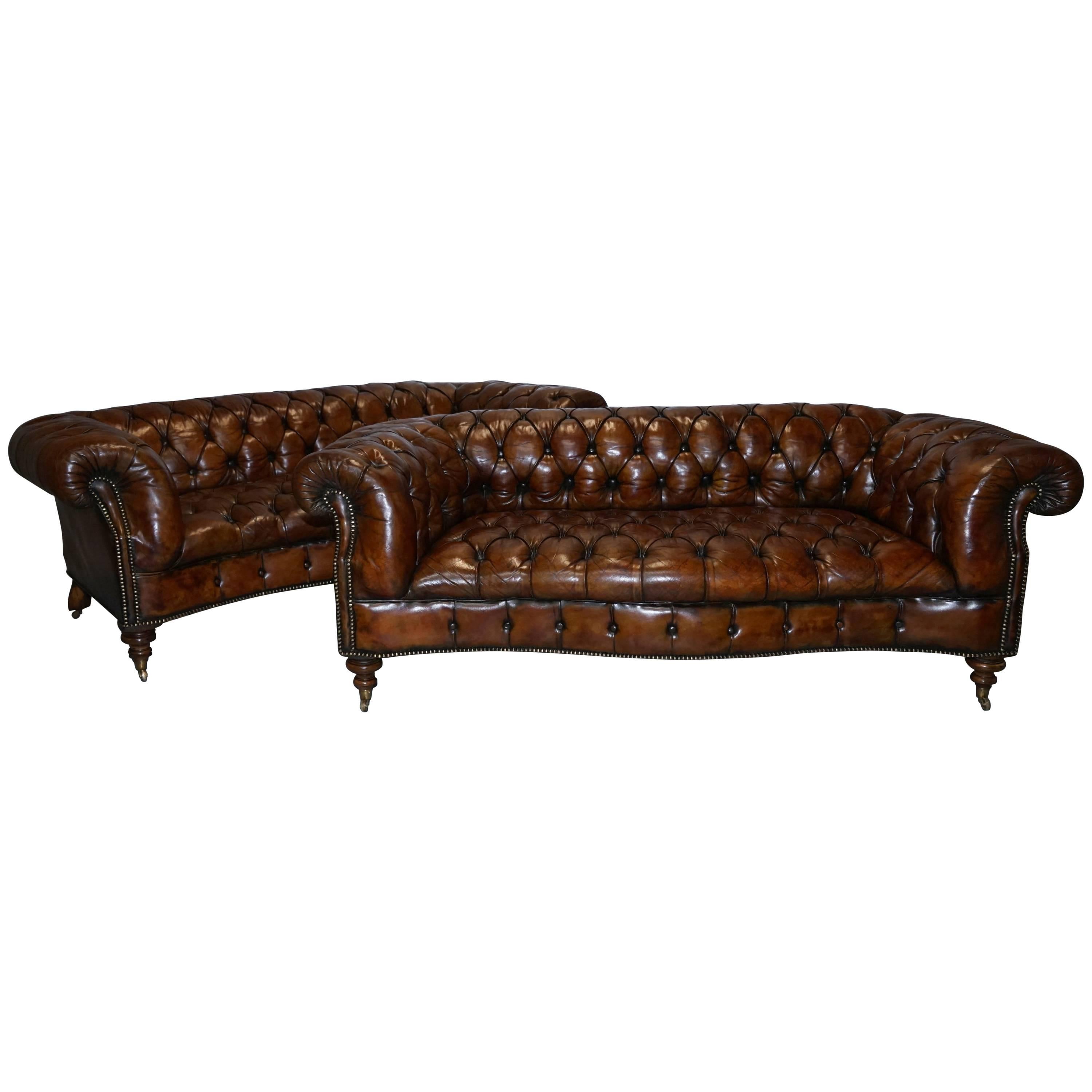 Pair of Fully Restored Howard & Son's Style Victorian Chesterfield Leather Sofas