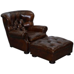 Full Restored Ralph Lauren Writers Cigar Brown Leather Armchair and Ottoman