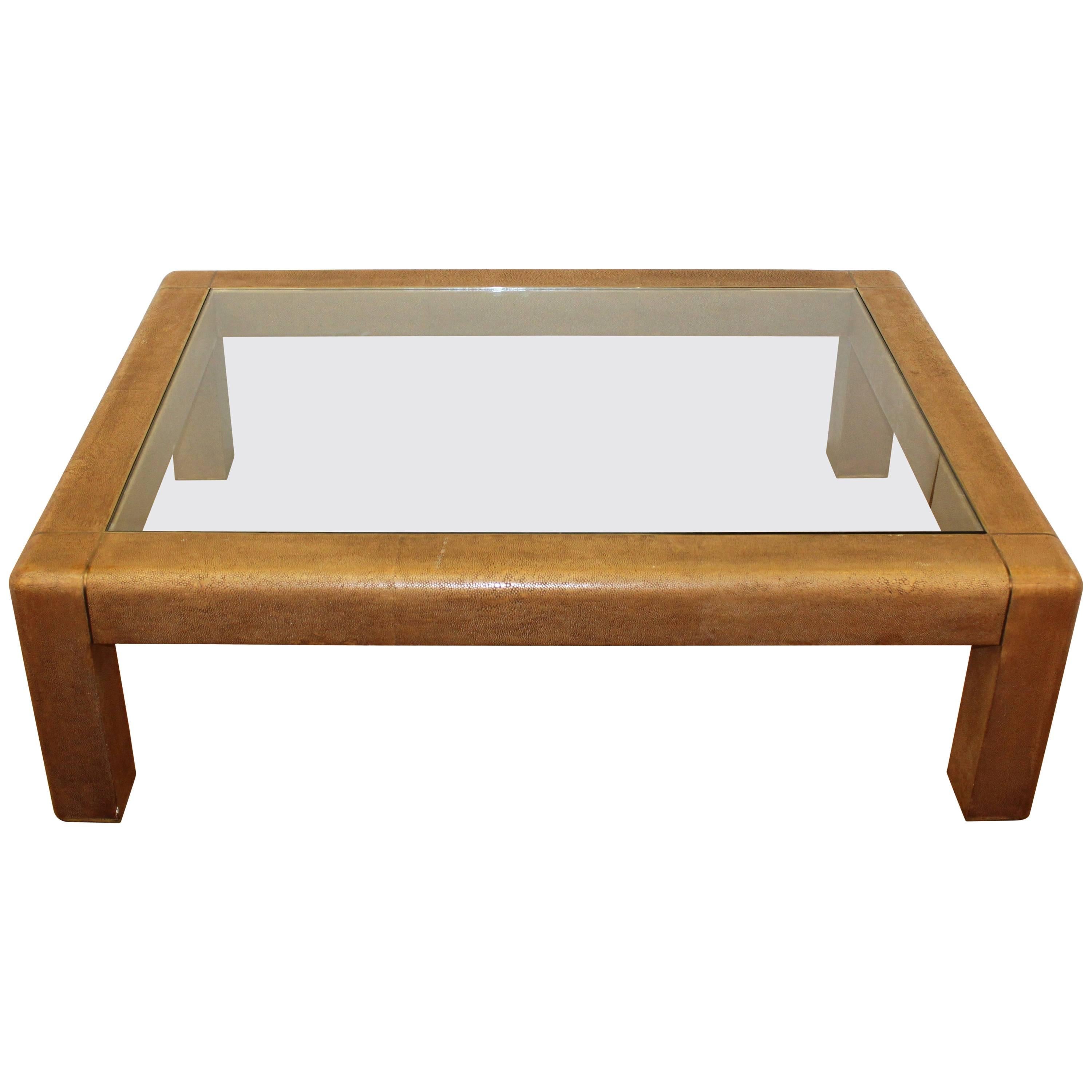 Karl Springer Coffee Table with Brown Shagreen Frame and Inset Glass Panel