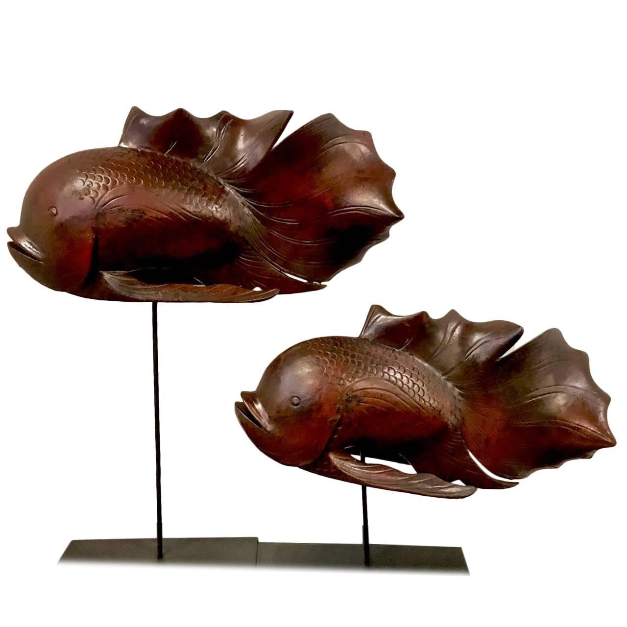 Pair of Japanese Carved Rosewood Koi Sculptures on Stands