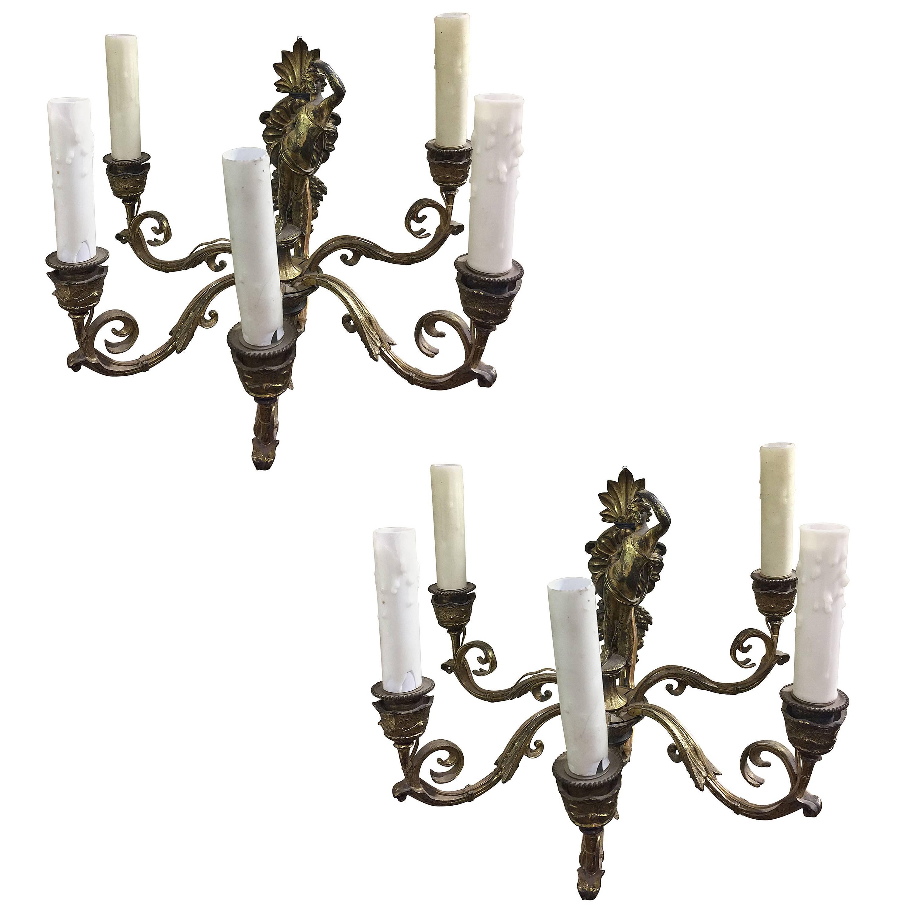  Sconces Pair of 19th Century French Bronze Rewired American