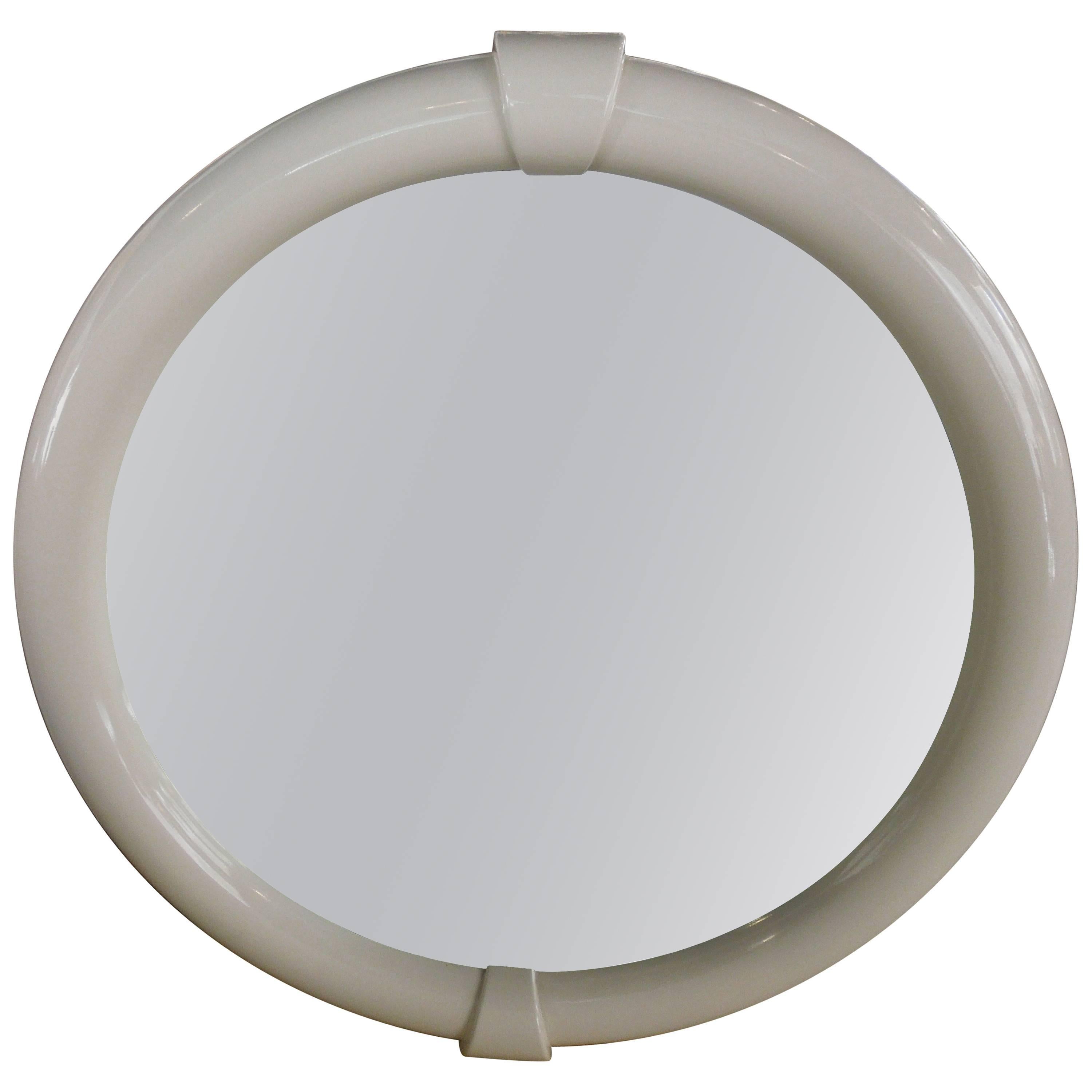 1980s Vintage Modern White Lacquer Round Mirror Made in Italy