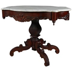 Antique Carved Mahogany & Marble Turtle Top Table with Acanthus & Dolphin