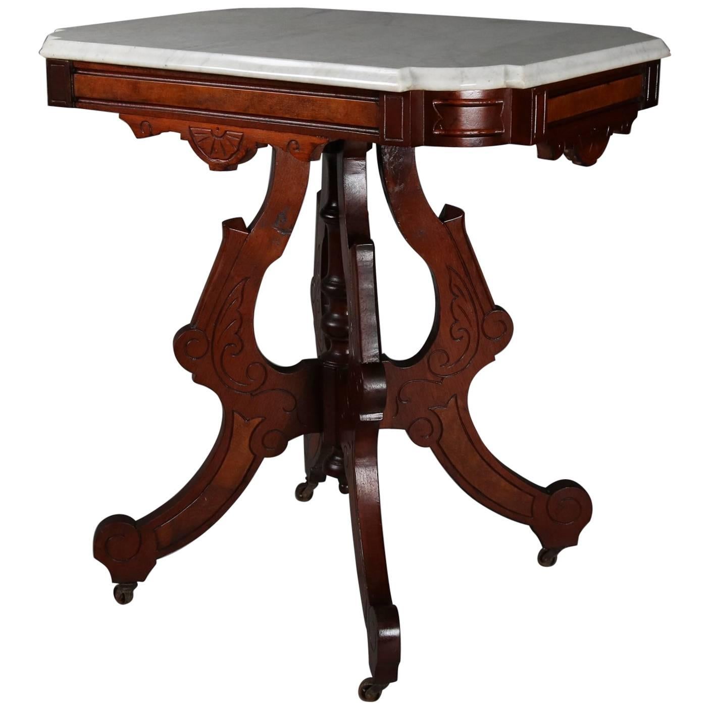 Antique Eastlake Marble Top Incised Walnut Side Table, circa 1880