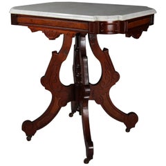 Antique Eastlake Marble Top Incised Walnut Side Table, circa 1880