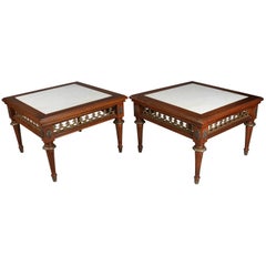 Pair of Antique French Louis XVI Style Marble, Mahogany & Bronze Low Tables
