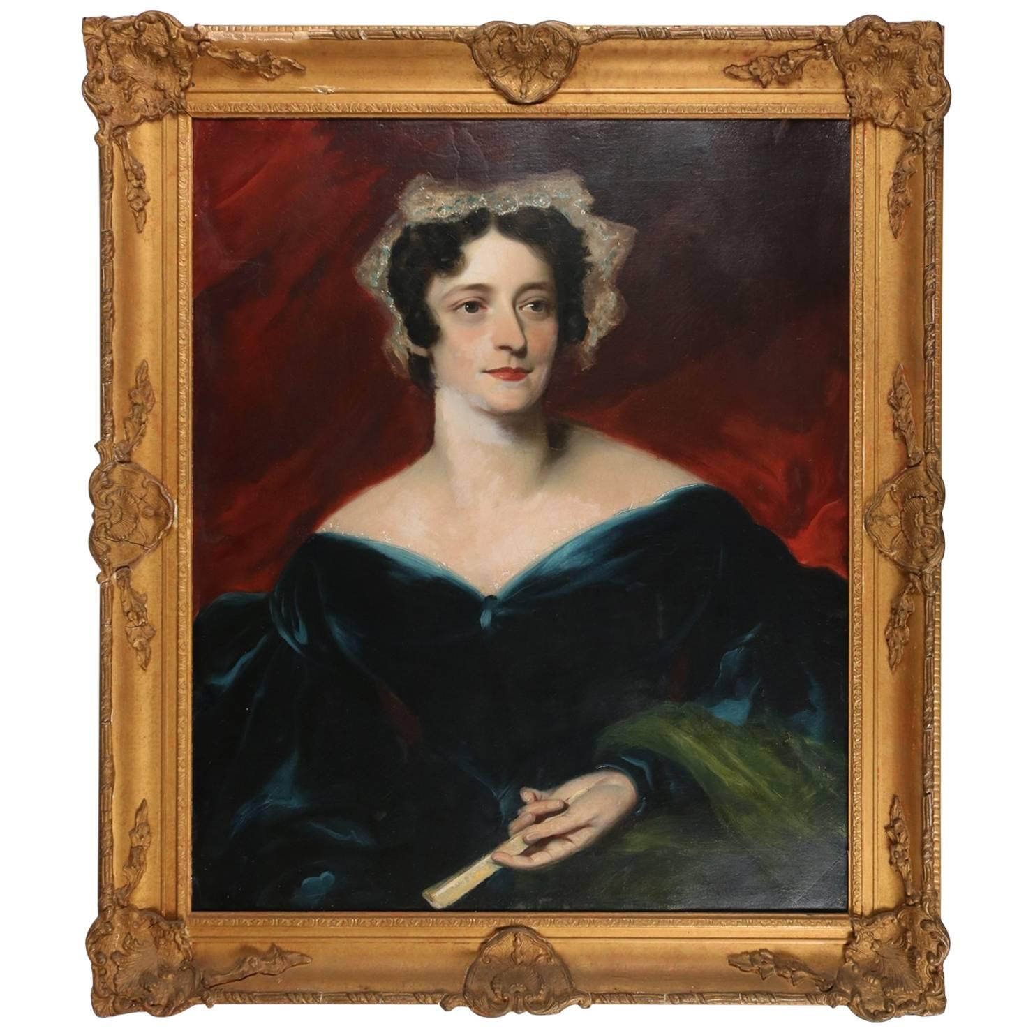 19th Century Oil on Canvas Baroness Portrait Painting in Gilt Carved Wood Frame