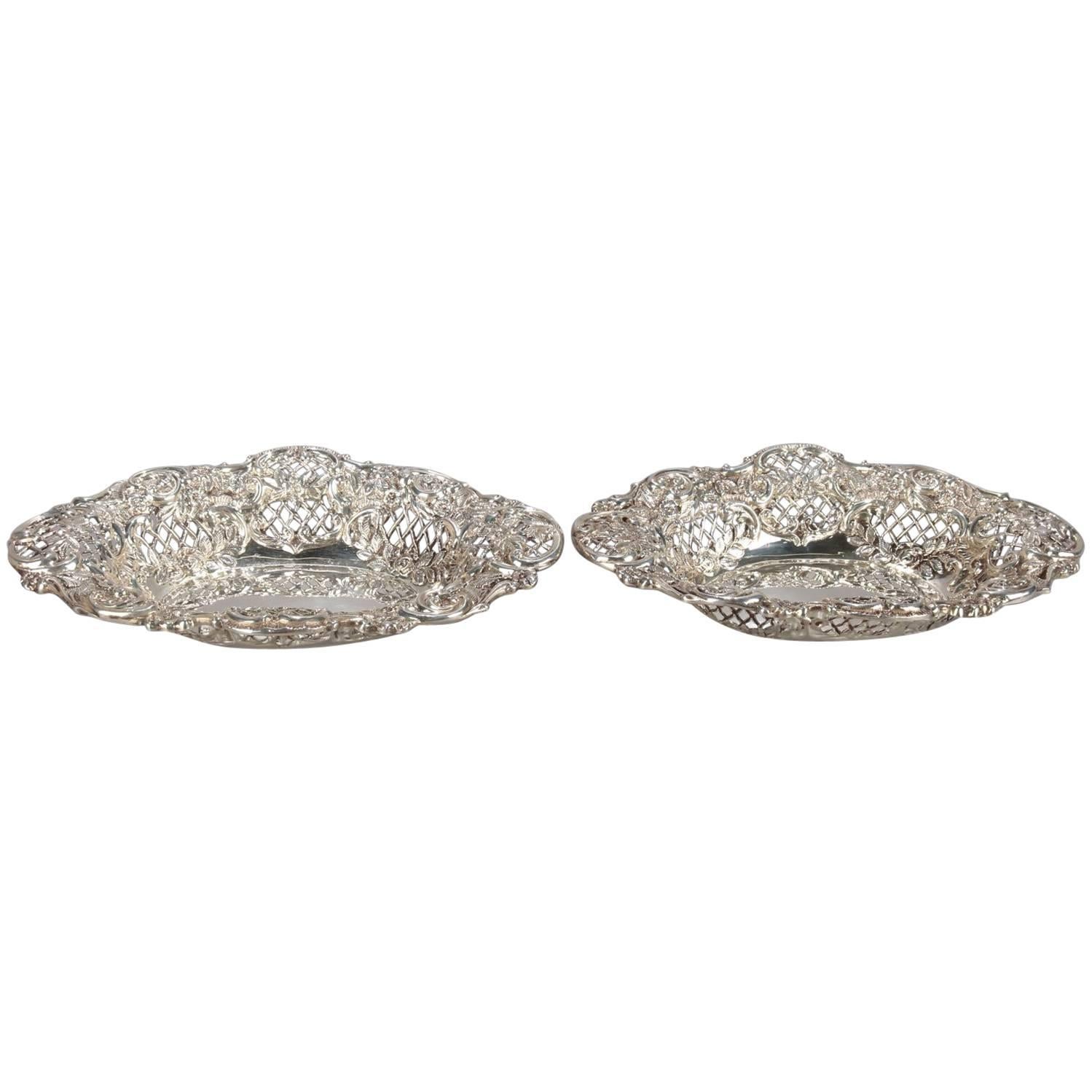 Pair of Antique Repoussé Sterling Silver Reticulated Basket by Henry Matthews